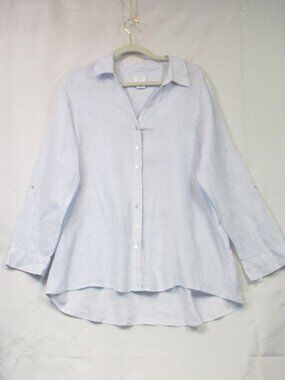 Sigrid Olsen Tunic Top Womens 1X Blue White 100% Linen Coastal Casual Shirt